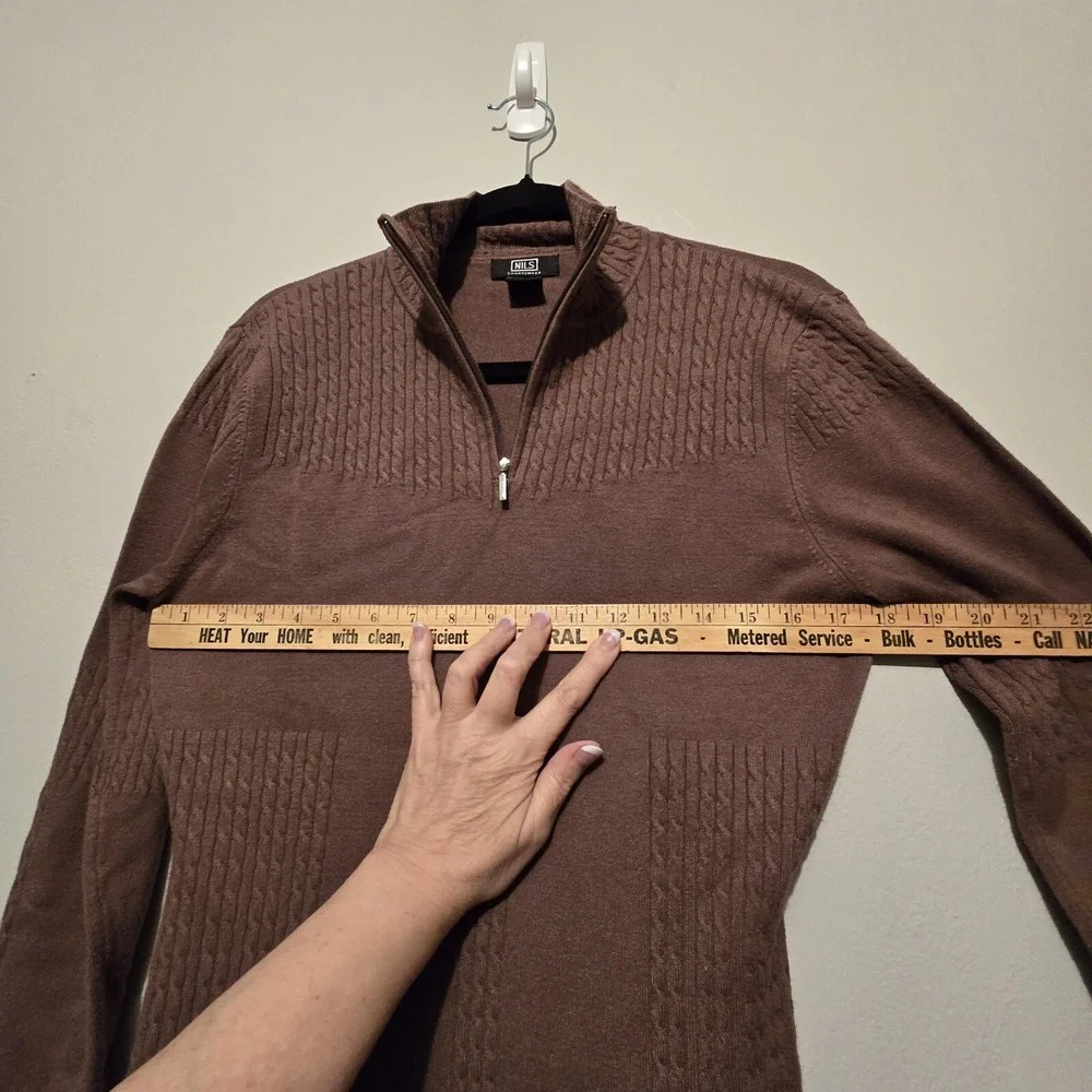 NILS Women Cable Knit Sweater LG 1/4 Zip Mock Neck Light Brown Stretch Apres Ski